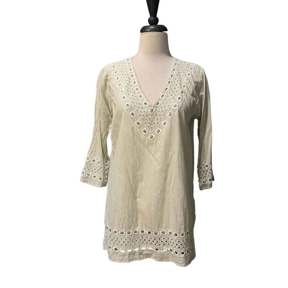 Gretchen Scott Womens Embroidered Eyelet 3/4 Sleeve Cotton Tunic Top White Small